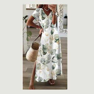 NoraCora‎ Maxi Shirt Dress Women’s Sz M White Floral V-Neck Short Sleeve